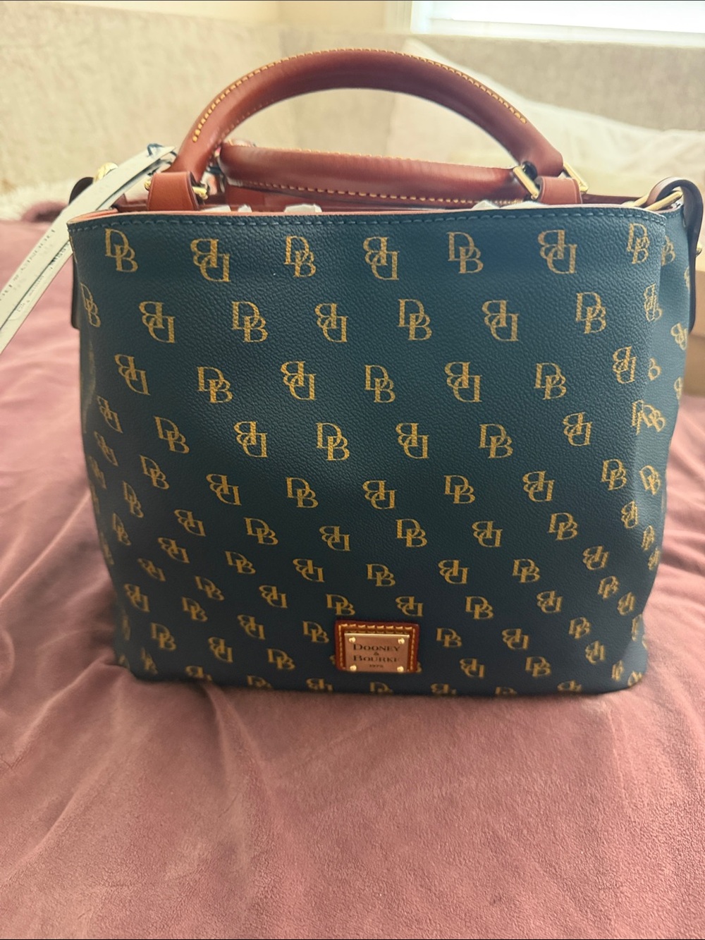 Dooney & Bourke Teal Logo-Print Satchel with Brown Trim